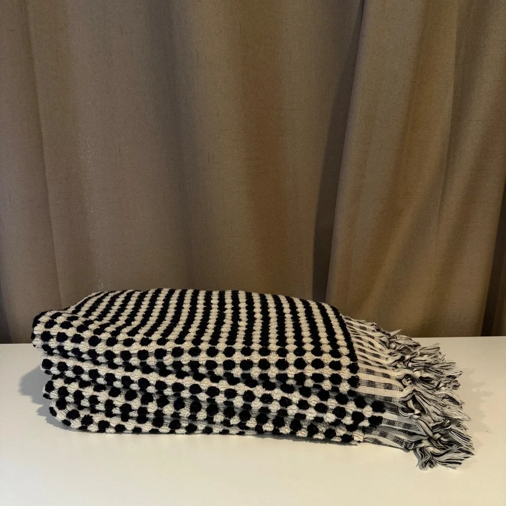 Black White Textured Turkish‎ Woven Hand Towel Tassels Set of Four